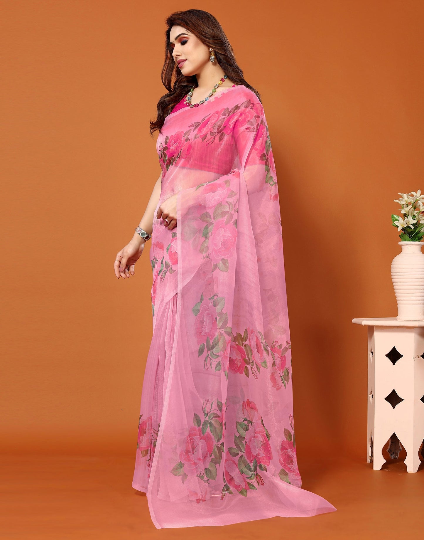Pink Organza Digital Printed Saree