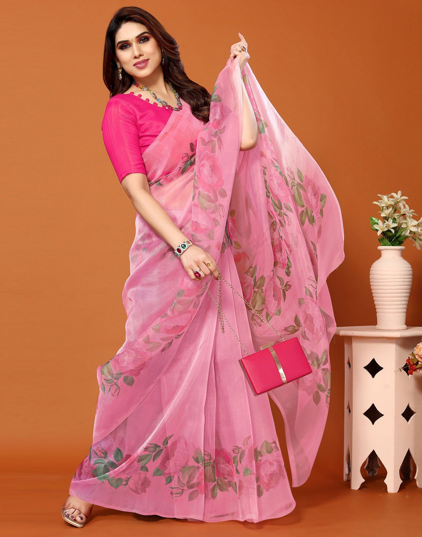 Pink Organza Digital Printed Saree