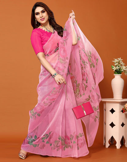 Pink Organza Digital Printed Saree
