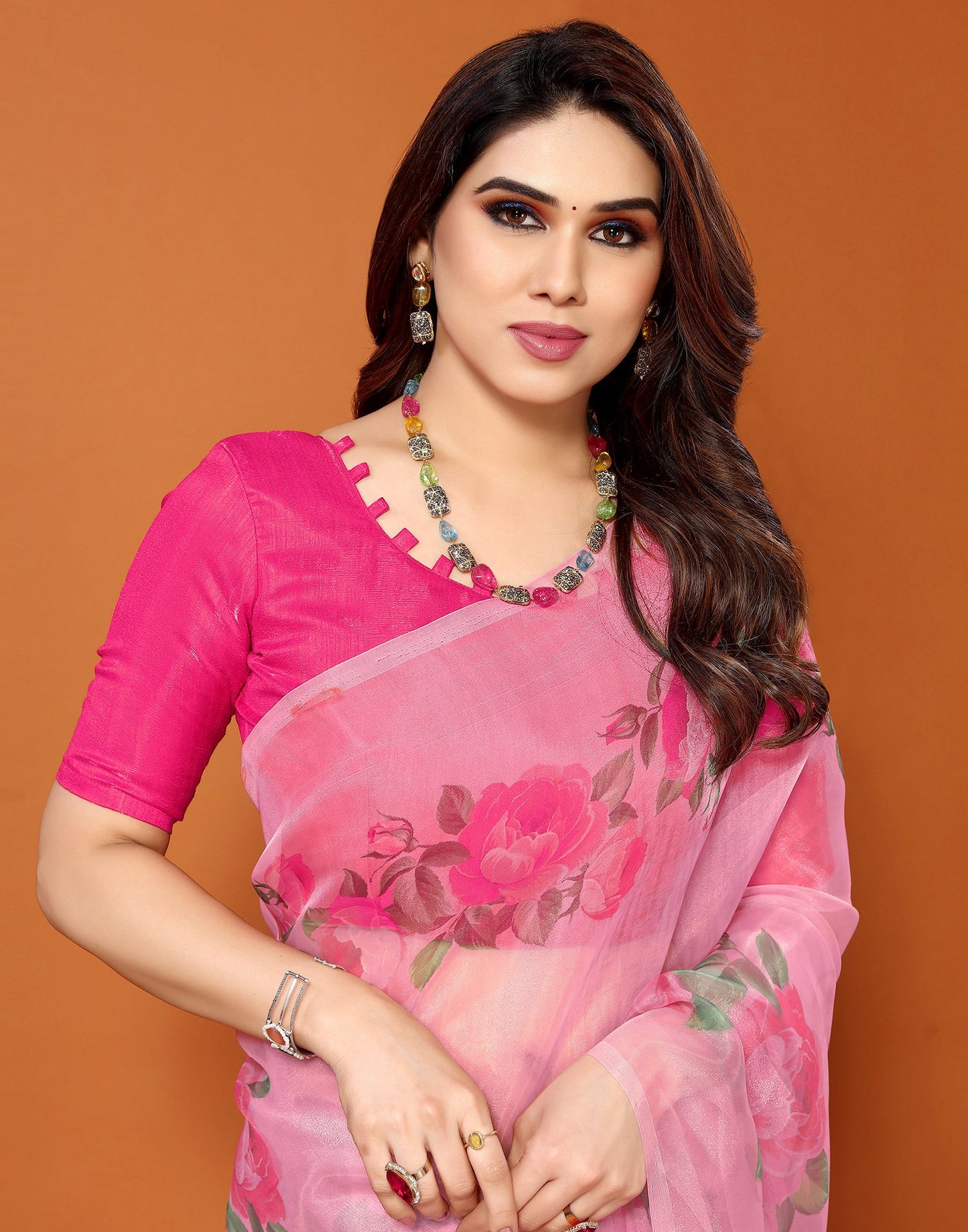 Pink Organza Digital Printed Saree