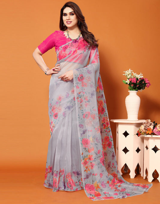 Light Purple Organza Digital Printed Saree