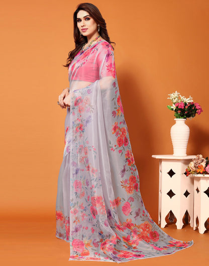 Light Purple Organza Digital Printed Saree