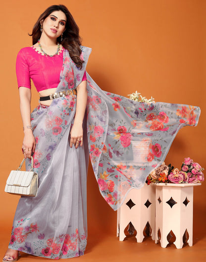 Light Purple Organza Digital Printed Saree