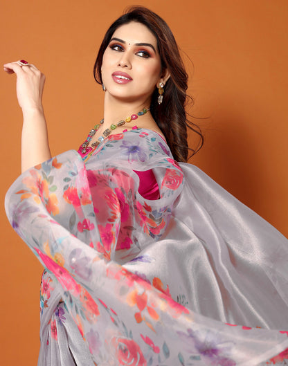 Light Purple Organza Digital Printed Saree