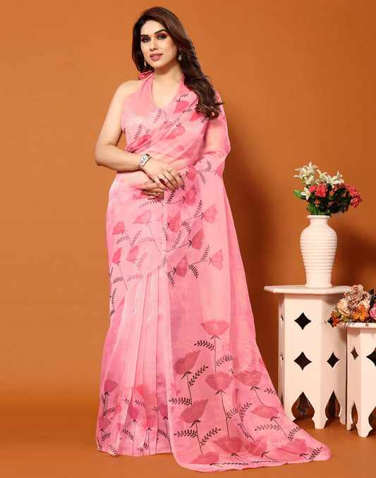 Light Pink Organza Digital Printed Saree