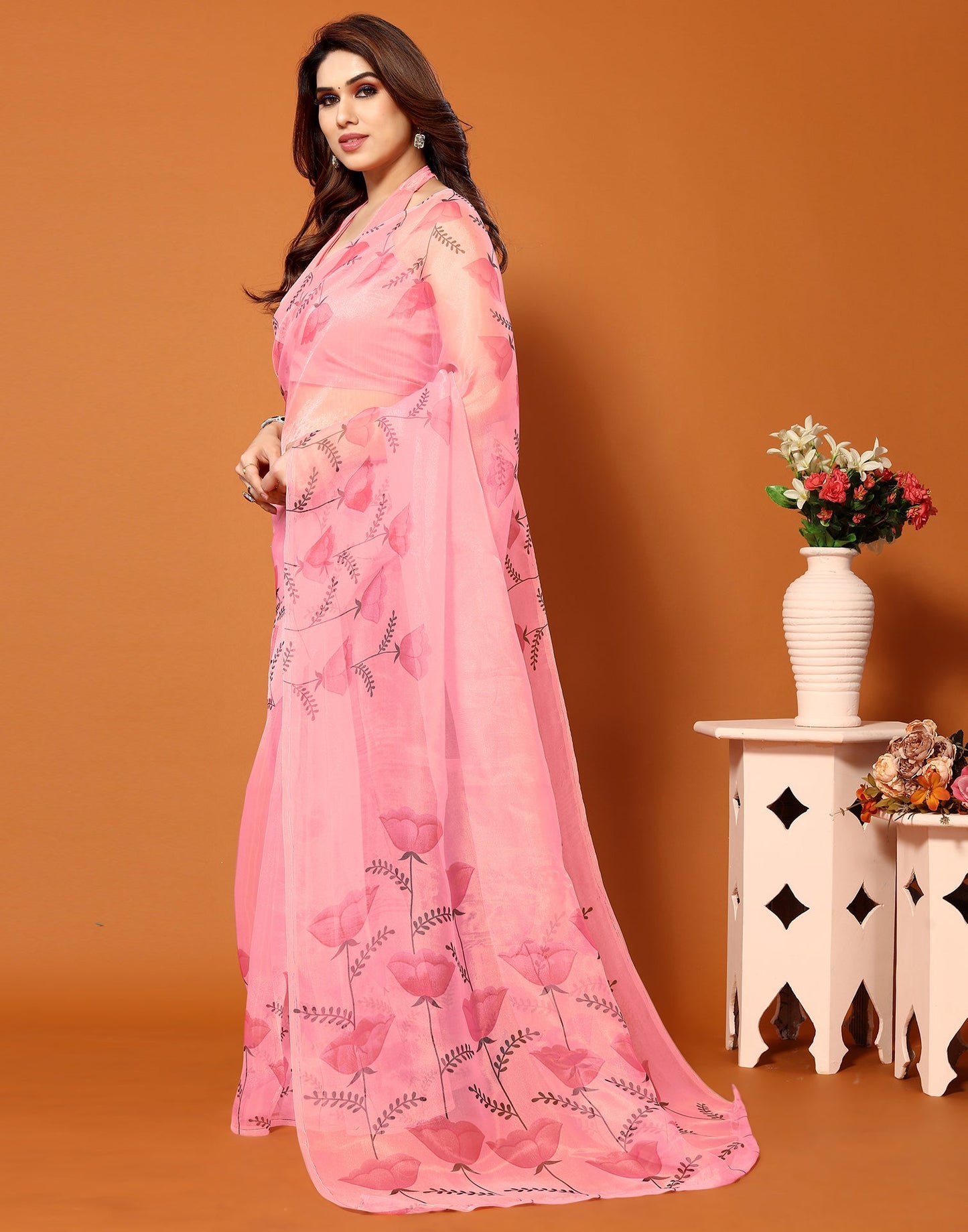 Light Pink Organza Digital Printed Saree