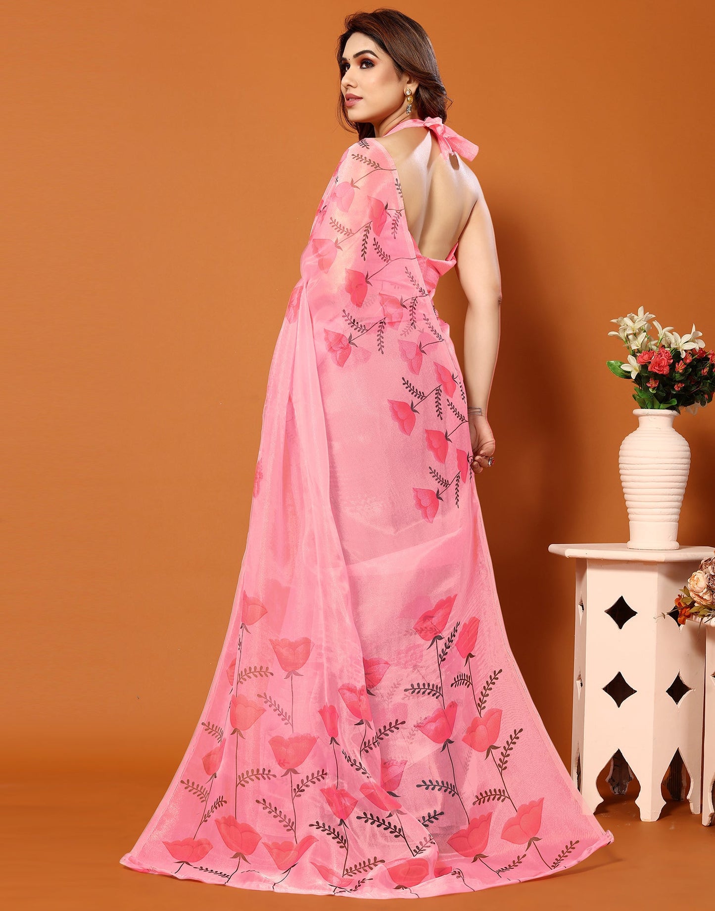 Light Pink Organza Digital Printed Saree