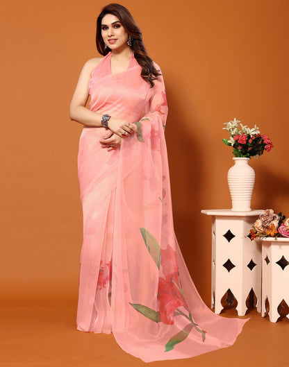 Light Orange Organza Digital Printed Saree