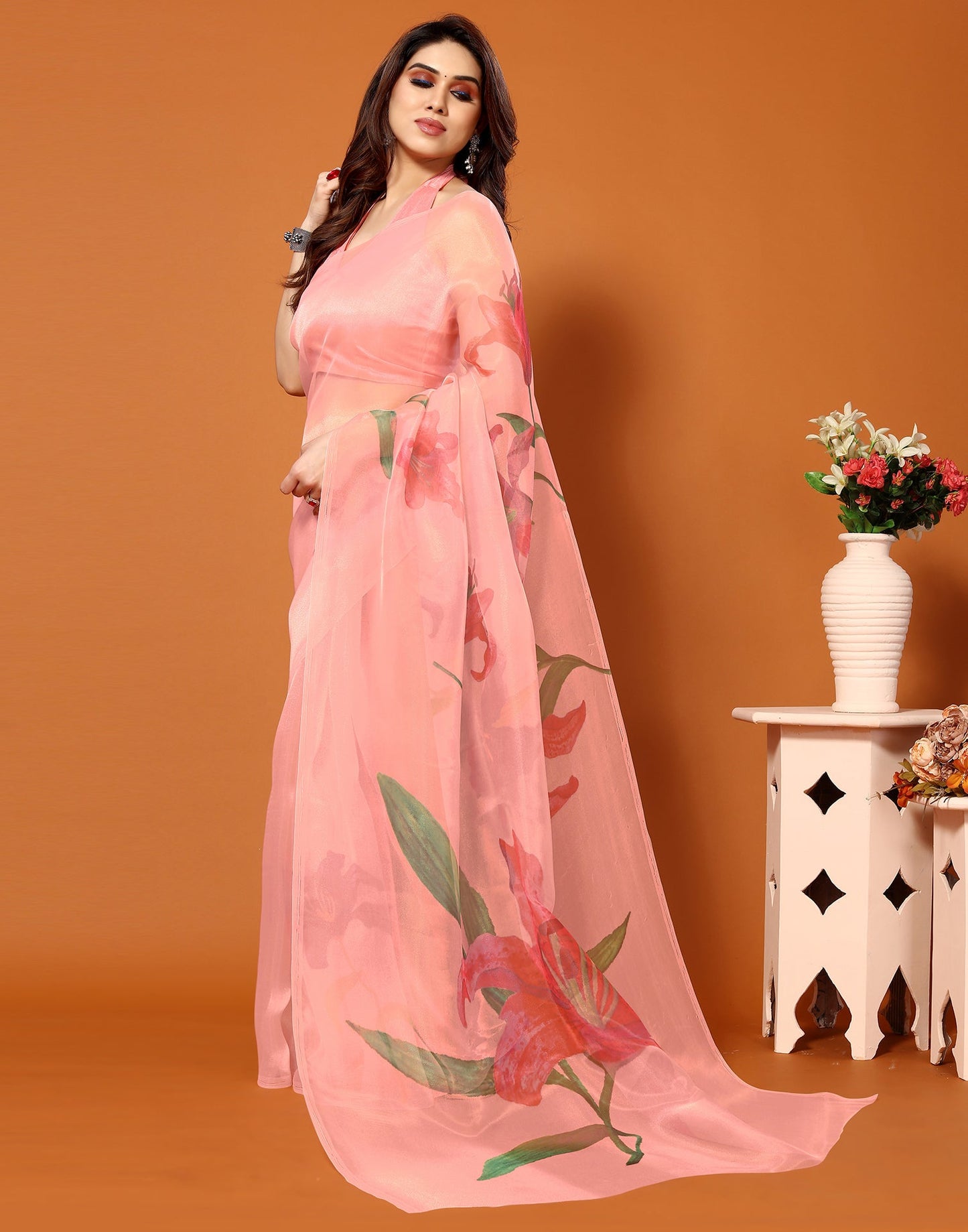 Light Orange Organza Digital Printed Saree