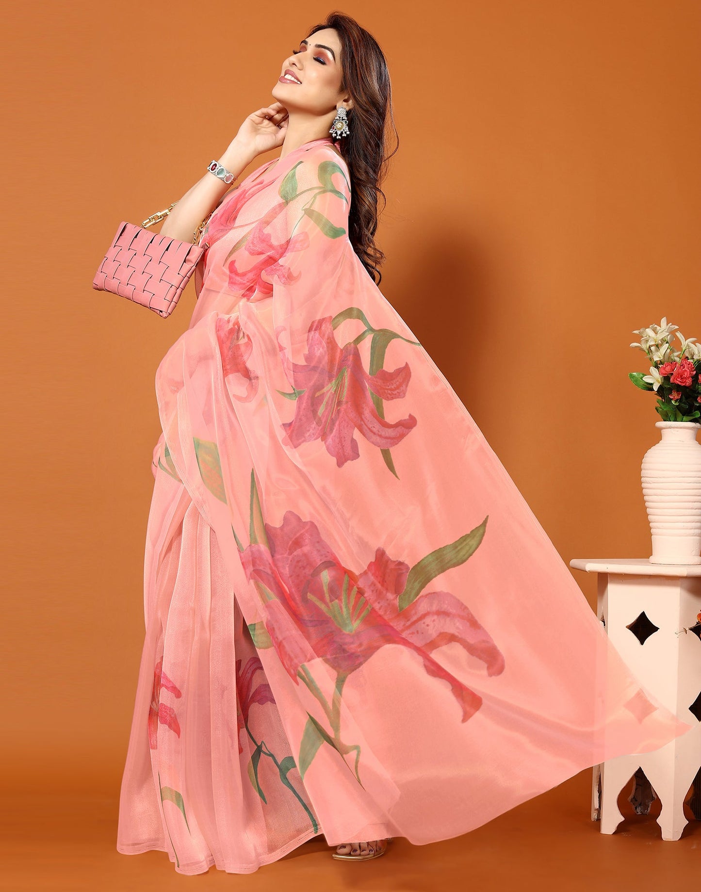 Light Orange Organza Digital Printed Saree