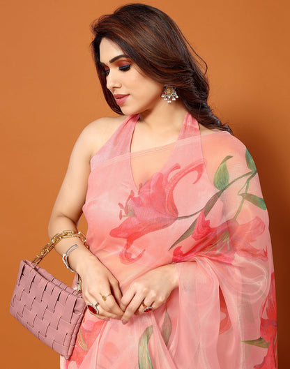 Light Orange Organza Digital Printed Saree