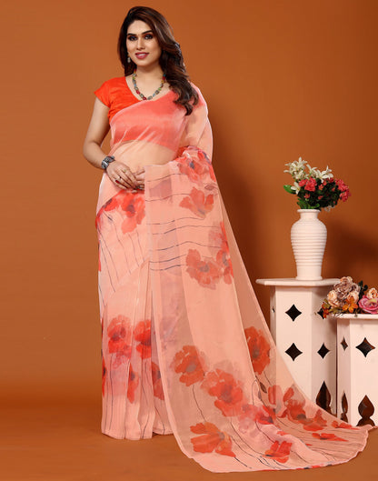 Light Orange Organza Digital Printed Saree