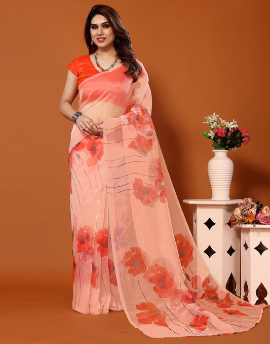 Light Orange Organza Digital Printed Saree