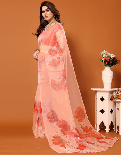 Light Orange Organza Digital Printed Saree