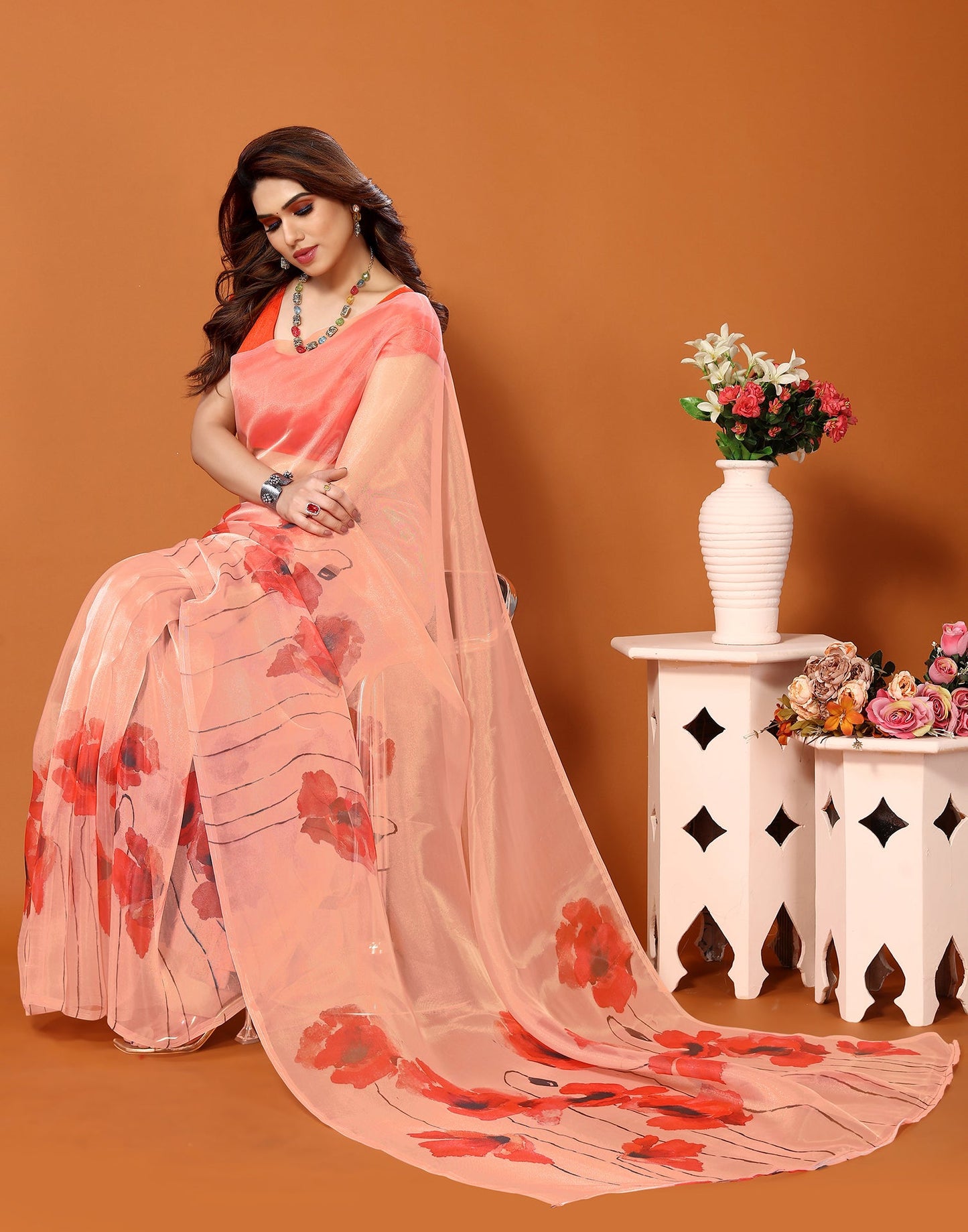 Light Orange Organza Digital Printed Saree