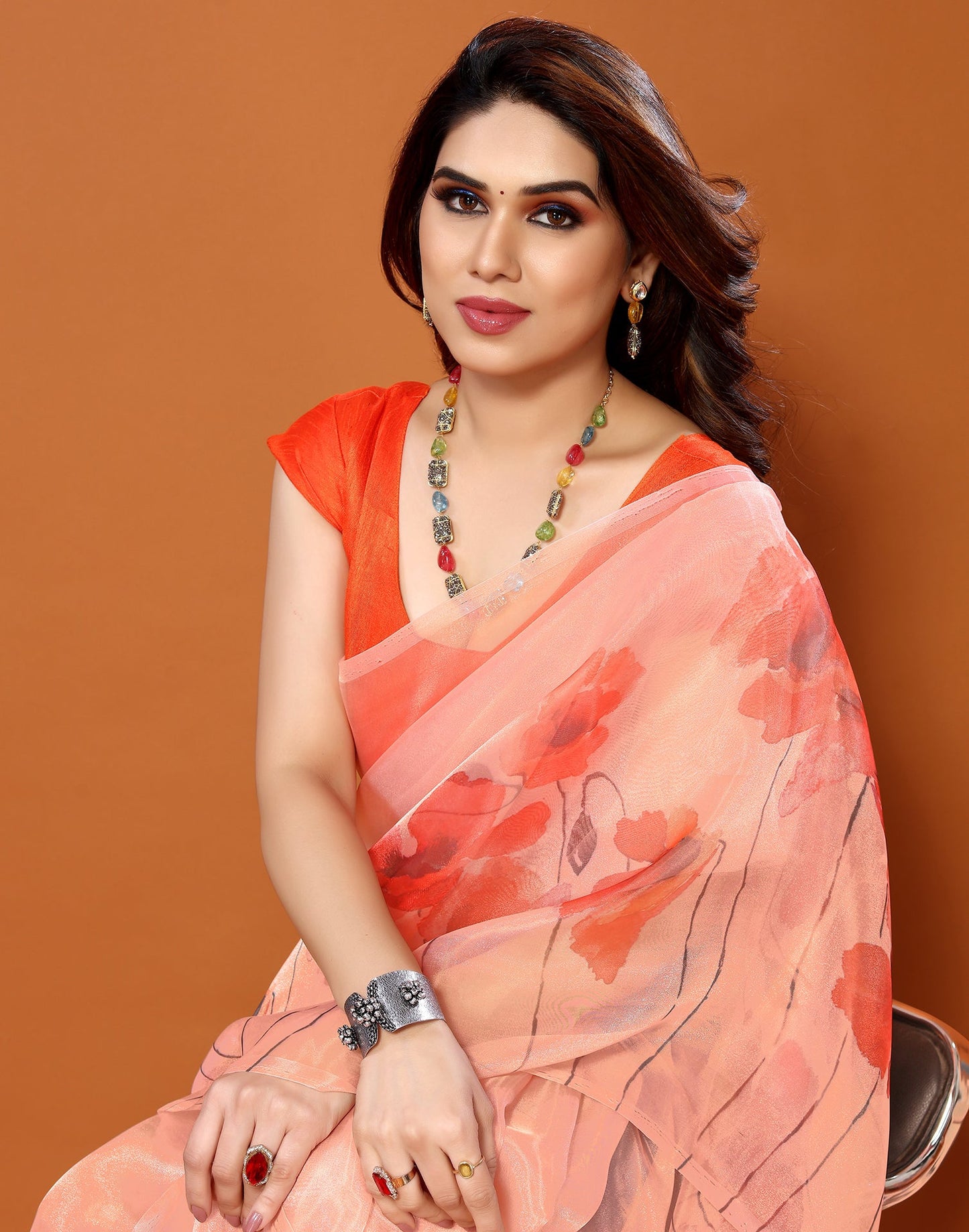 Light Orange Organza Digital Printed Saree