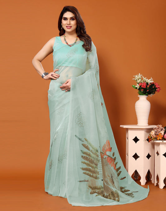 Light Green Organza Digital Printed Saree