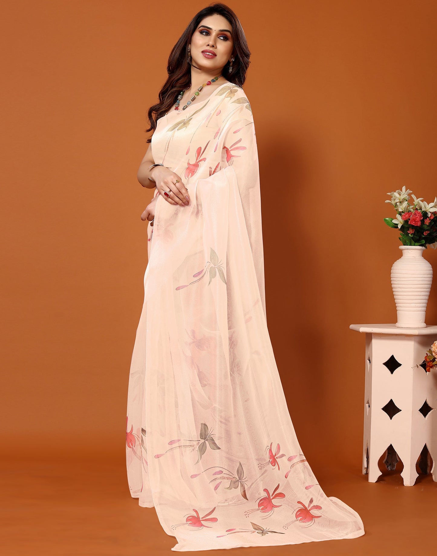 Cream Organza Digital Printed Saree