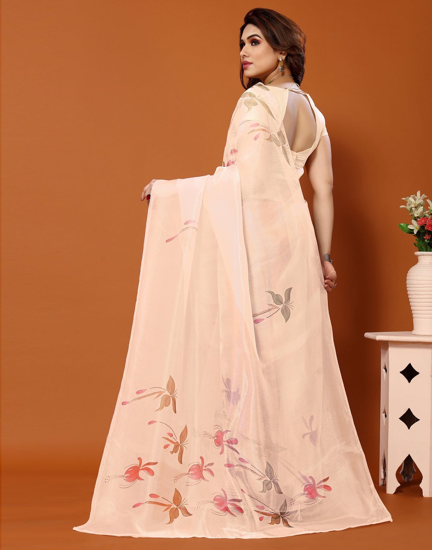 Cream Organza Digital Printed Saree