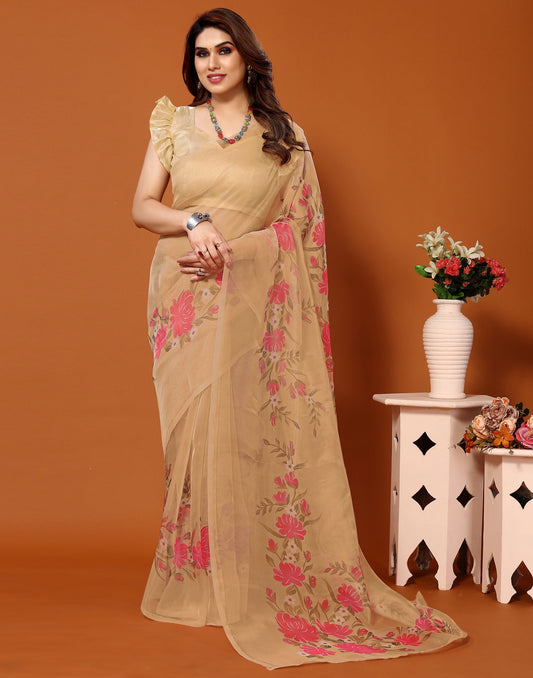Light Brown Organza Digital Printed Saree
