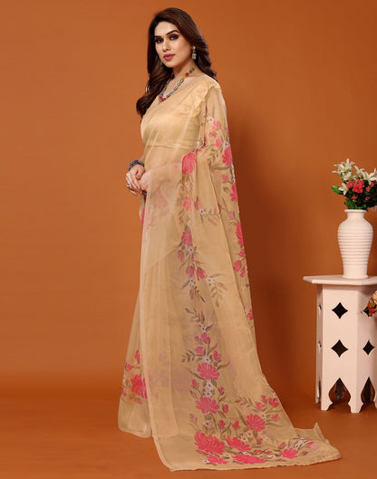 Light Brown Organza Digital Printed Saree