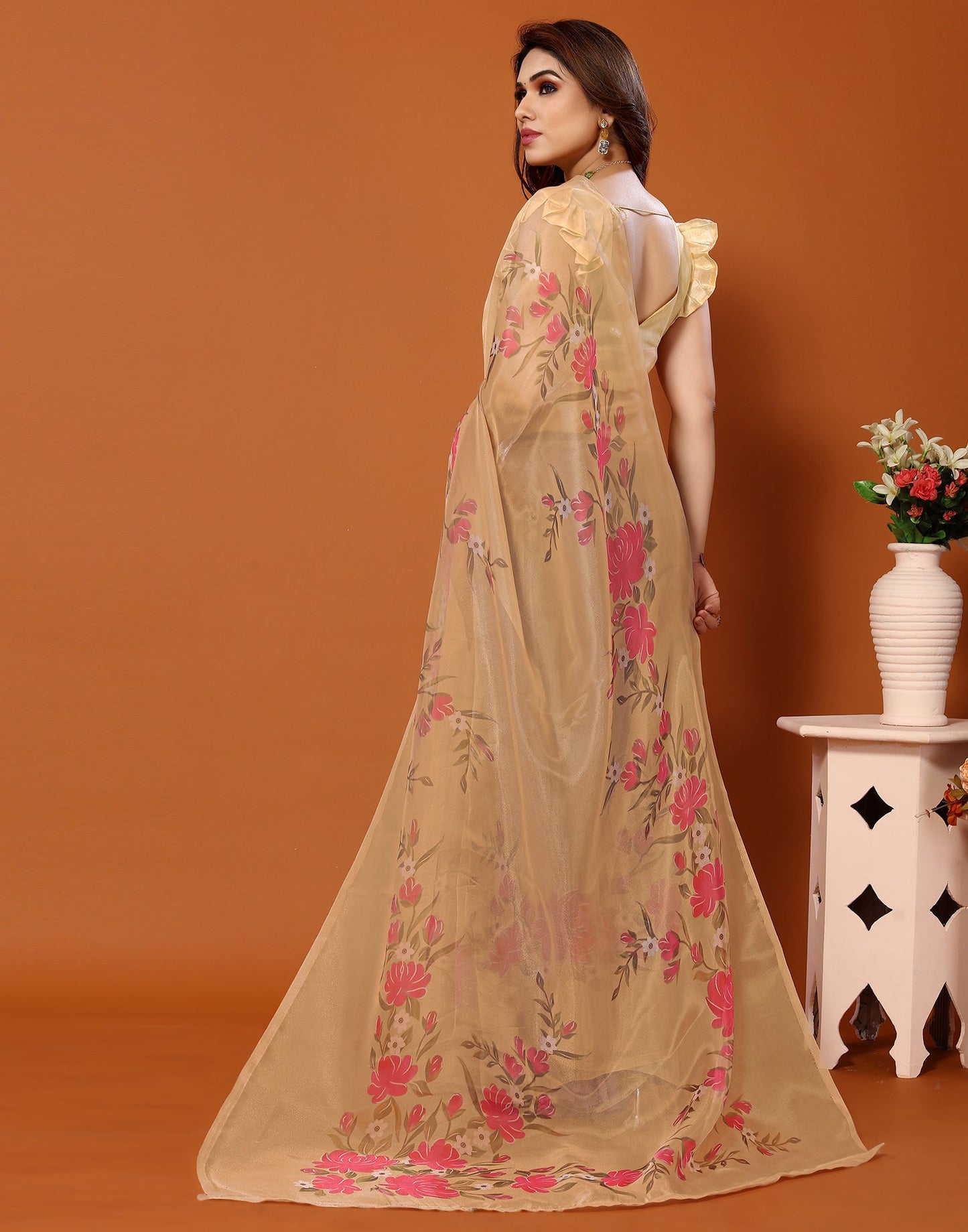 Light Brown Organza Digital Printed Saree