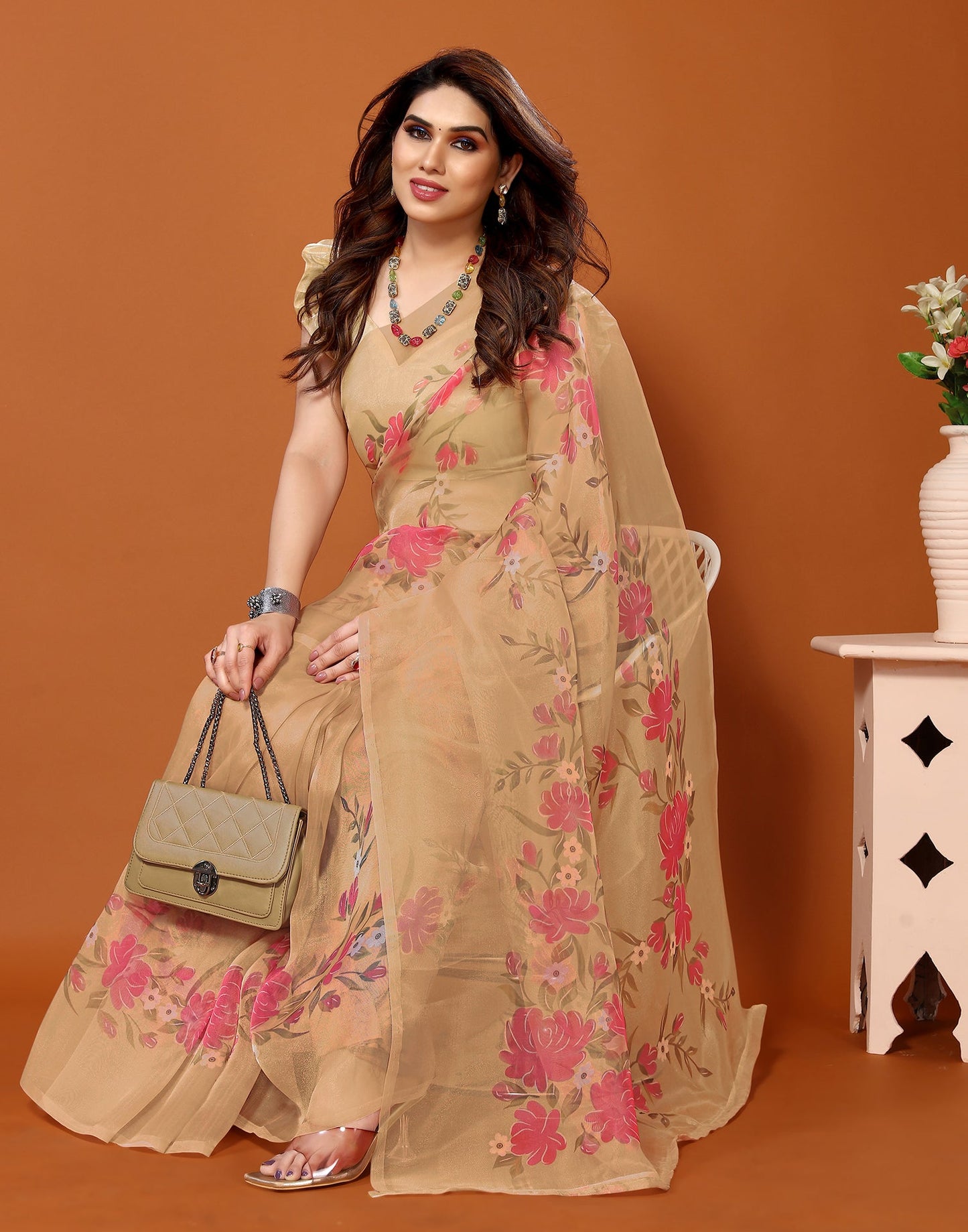 Light Brown Organza Digital Printed Saree