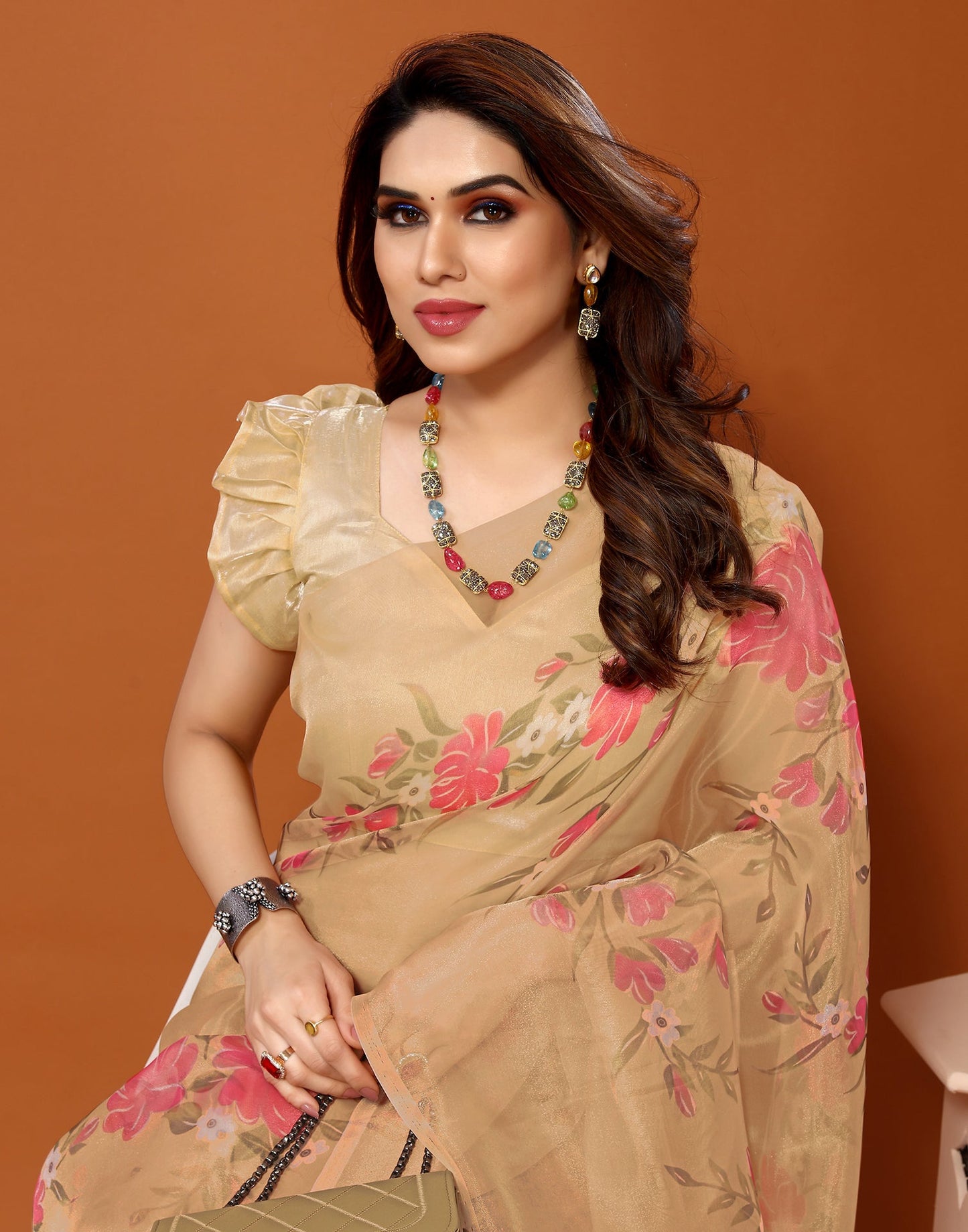 Light Brown Organza Digital Printed Saree
