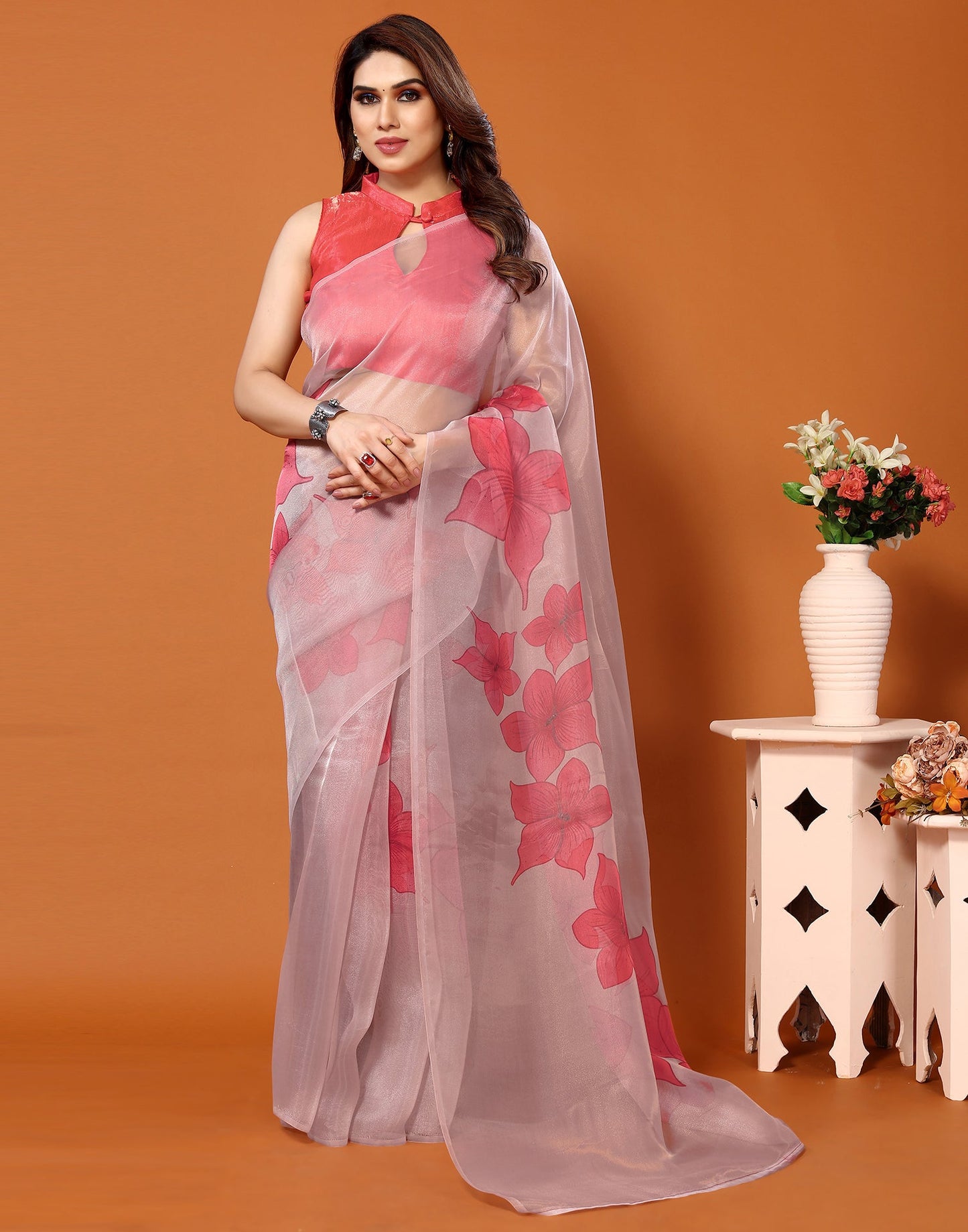 Light Pink Organza Digital Printed Saree
