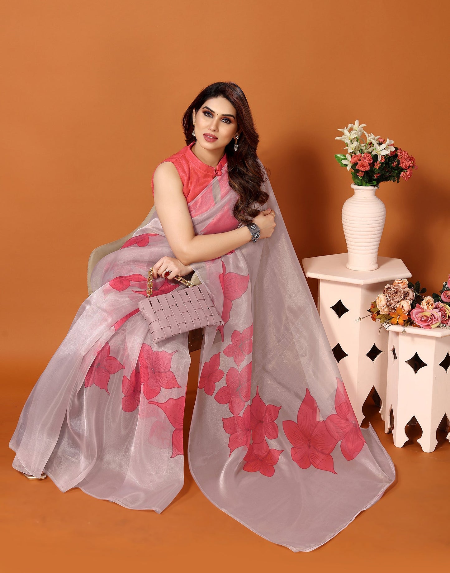 Light Pink Organza Digital Printed Saree