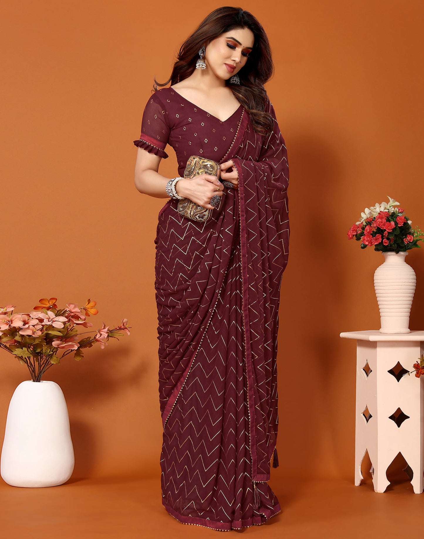 Maroon Georgette Printed Saree
