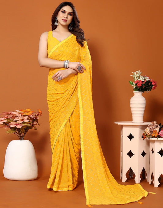 Yellow Georgette Printed Saree