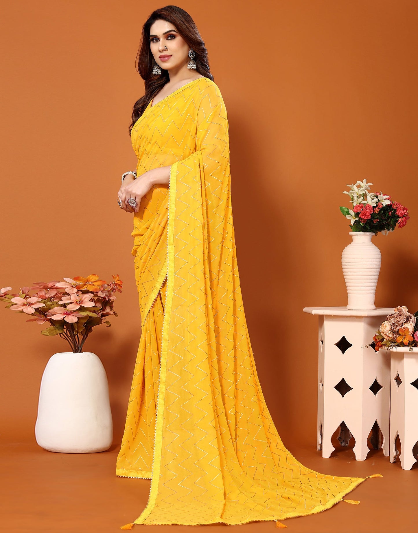 Yellow Georgette Printed Saree