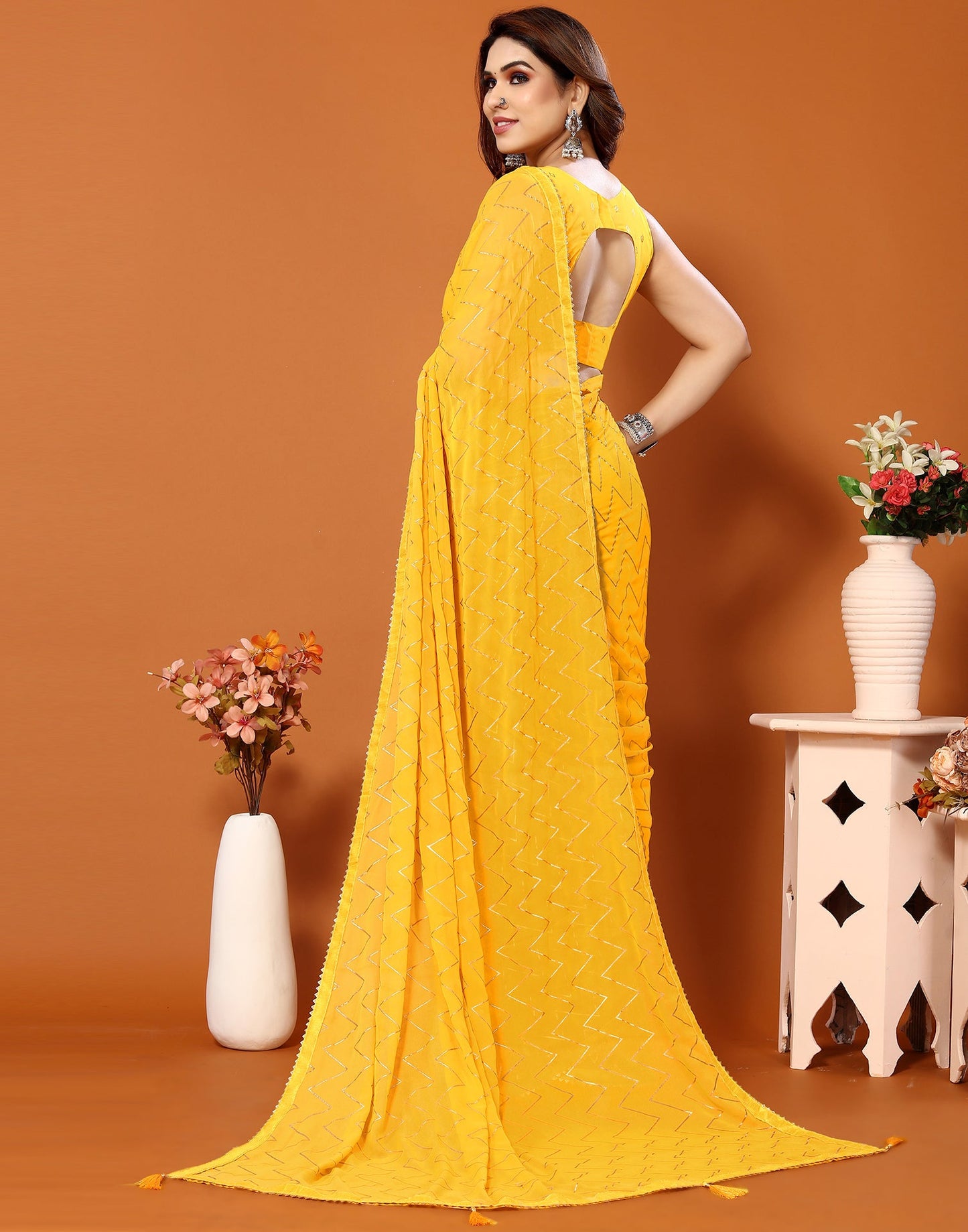 Yellow Georgette Printed Saree