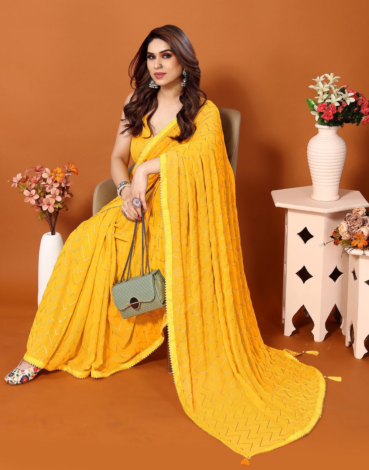Yellow Georgette Printed Saree