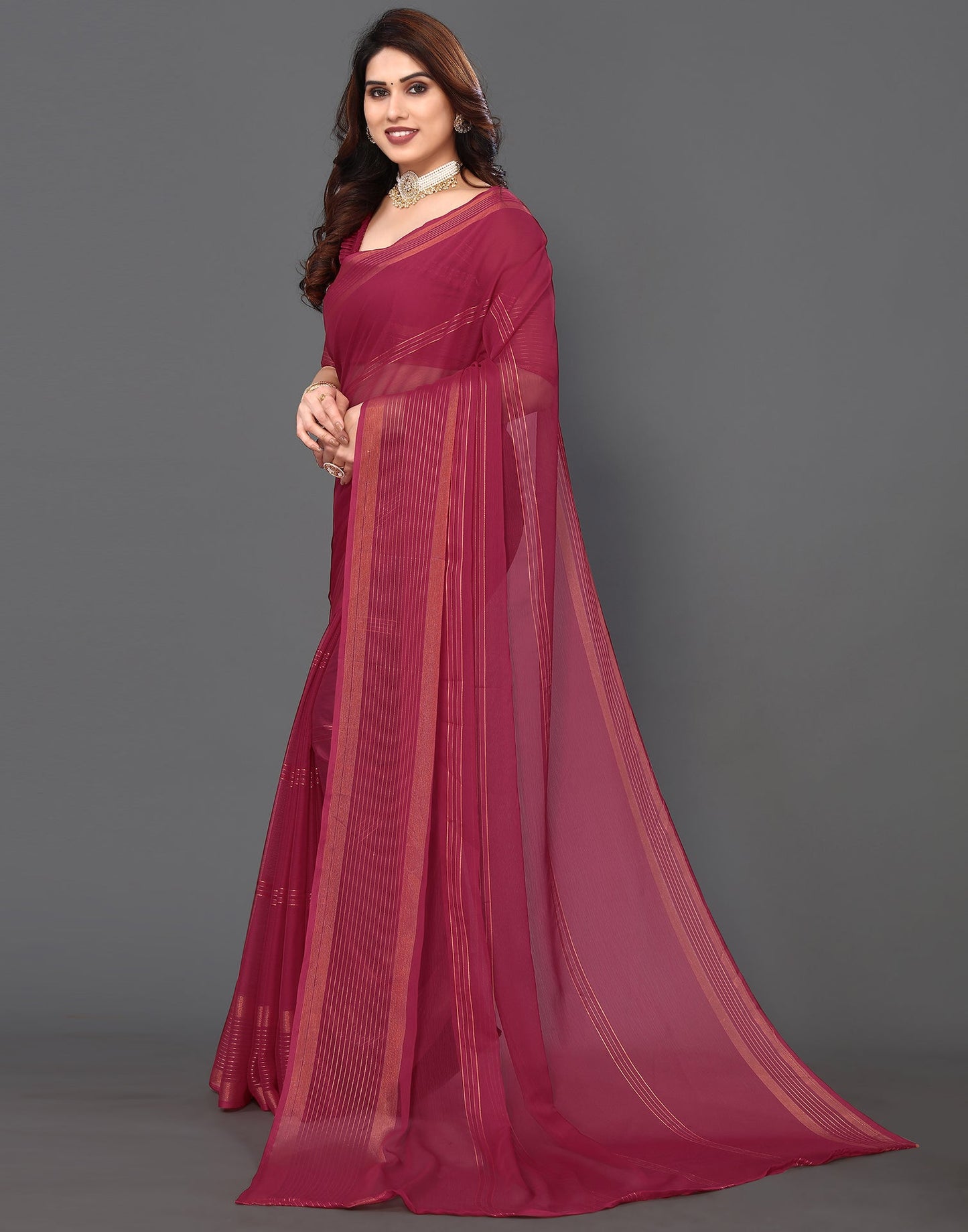 Maroon Chiffon Plain Saree