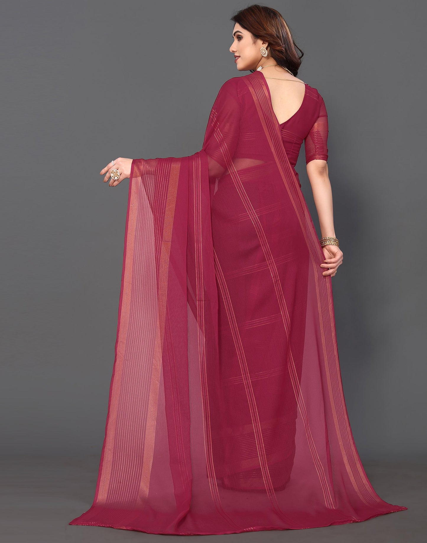 Maroon Chiffon Plain Saree