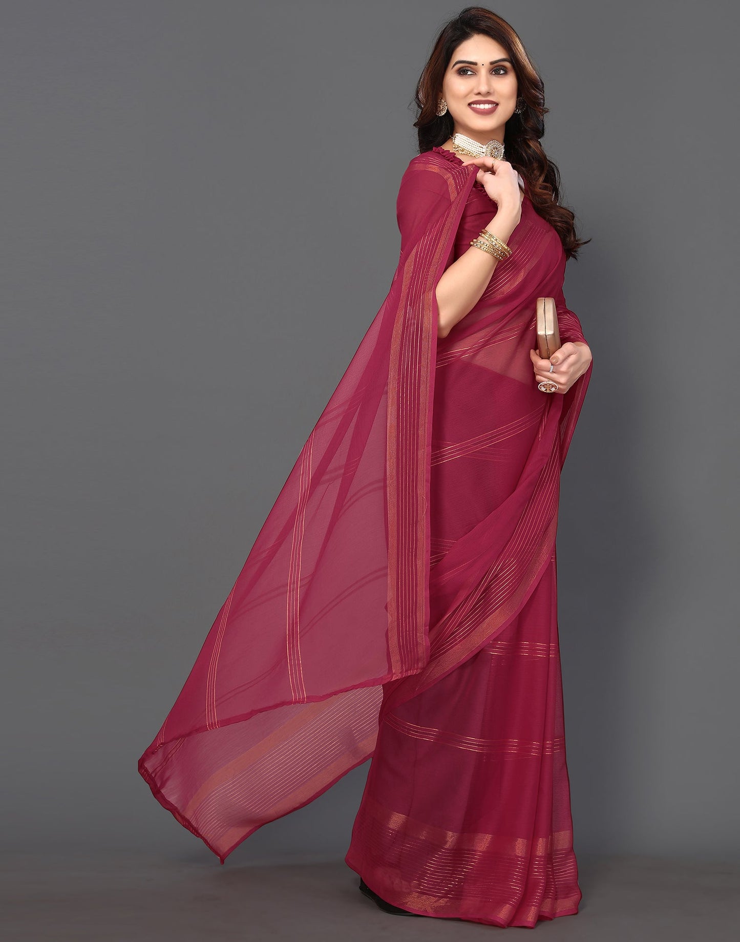 Maroon Chiffon Plain Saree