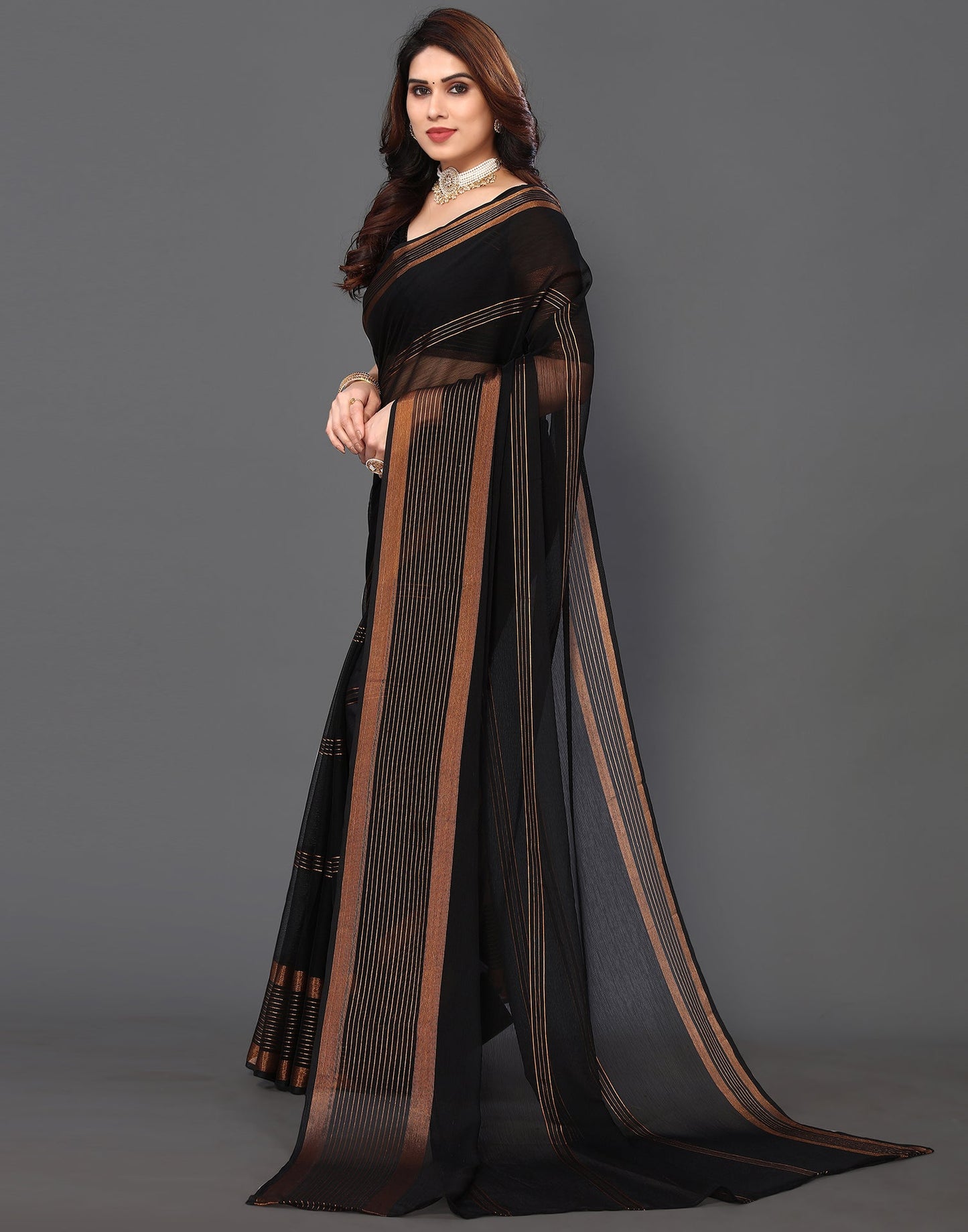 Black Chiffon Plain Saree