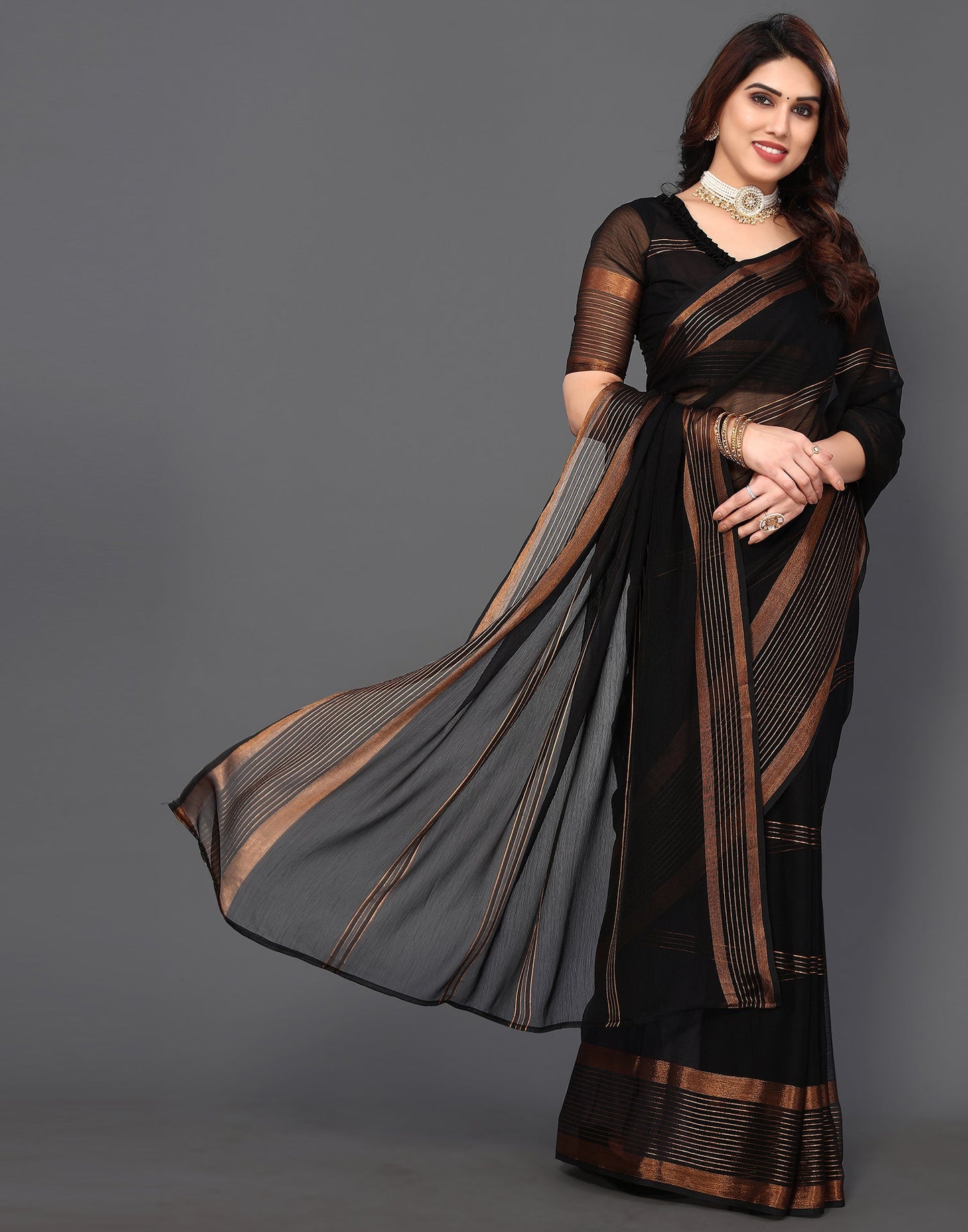 Black Chiffon Plain Saree