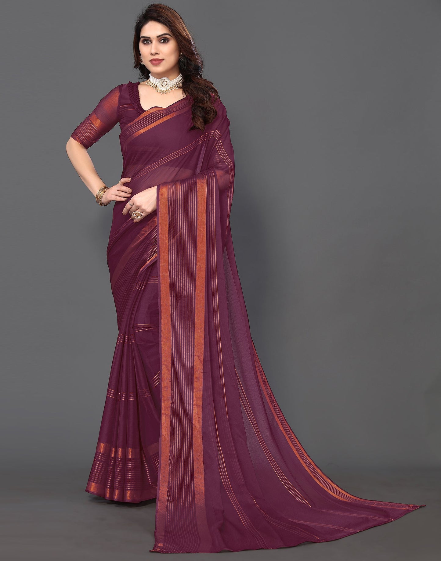 Wine Chiffon Plain Saree