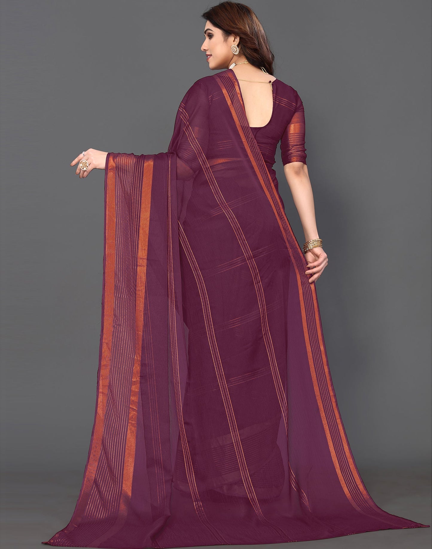 Wine Chiffon Plain Saree