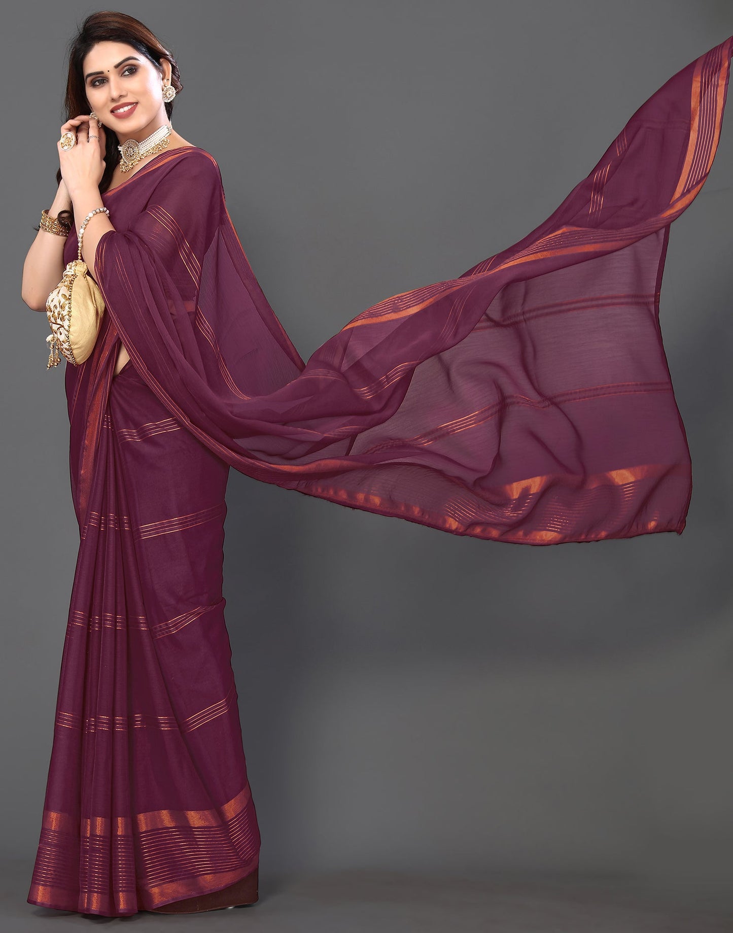 Wine Chiffon Plain Saree