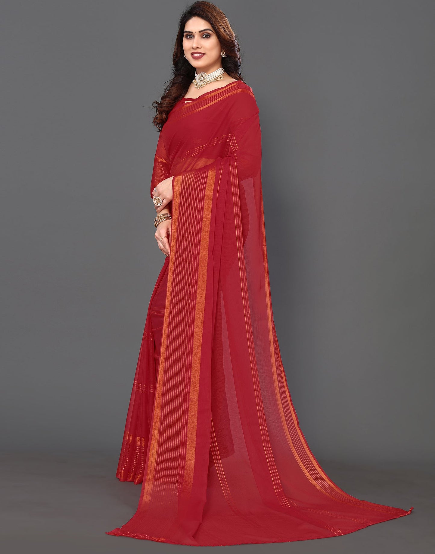 Red Chiffon Plain Saree