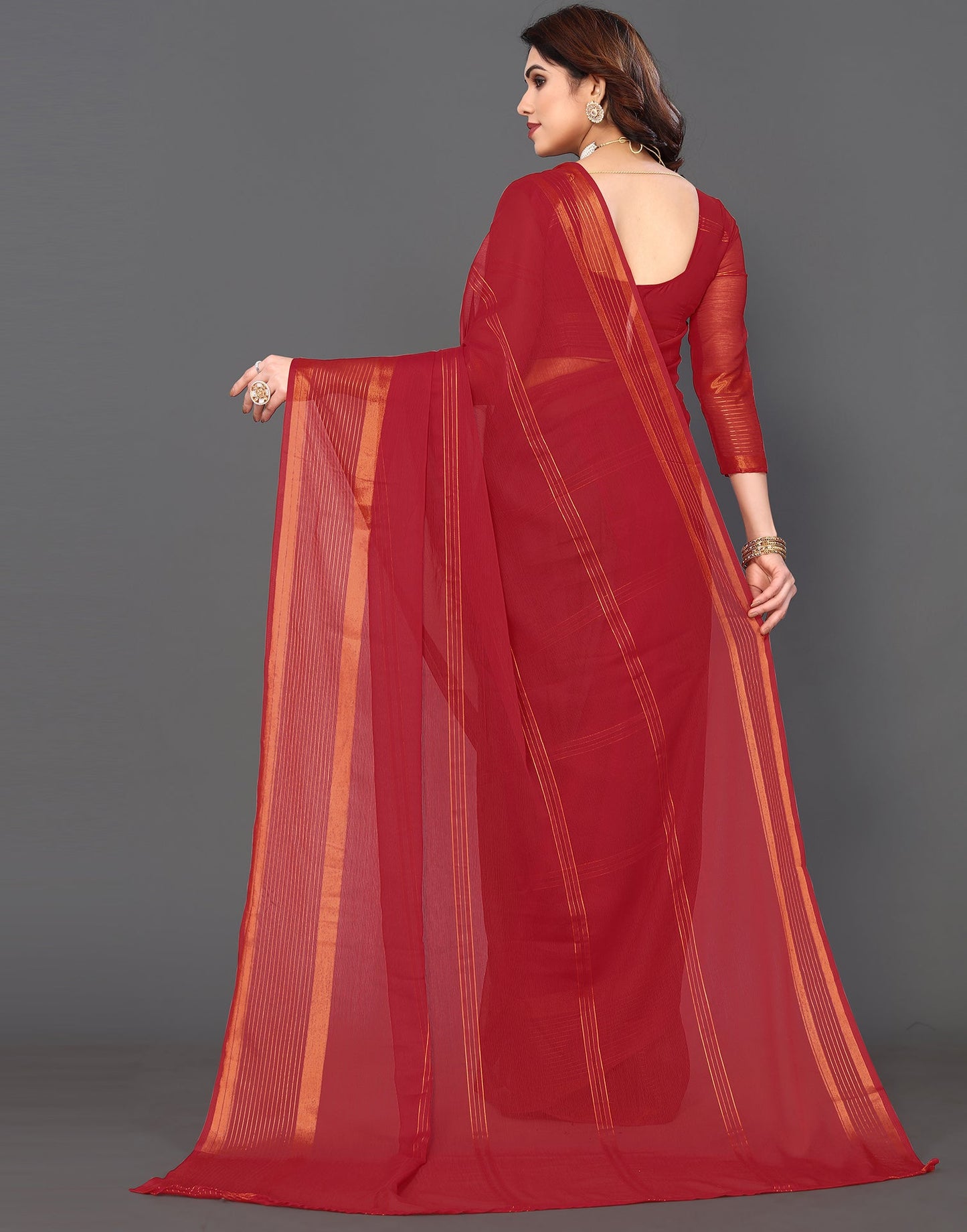 Red Chiffon Plain Saree