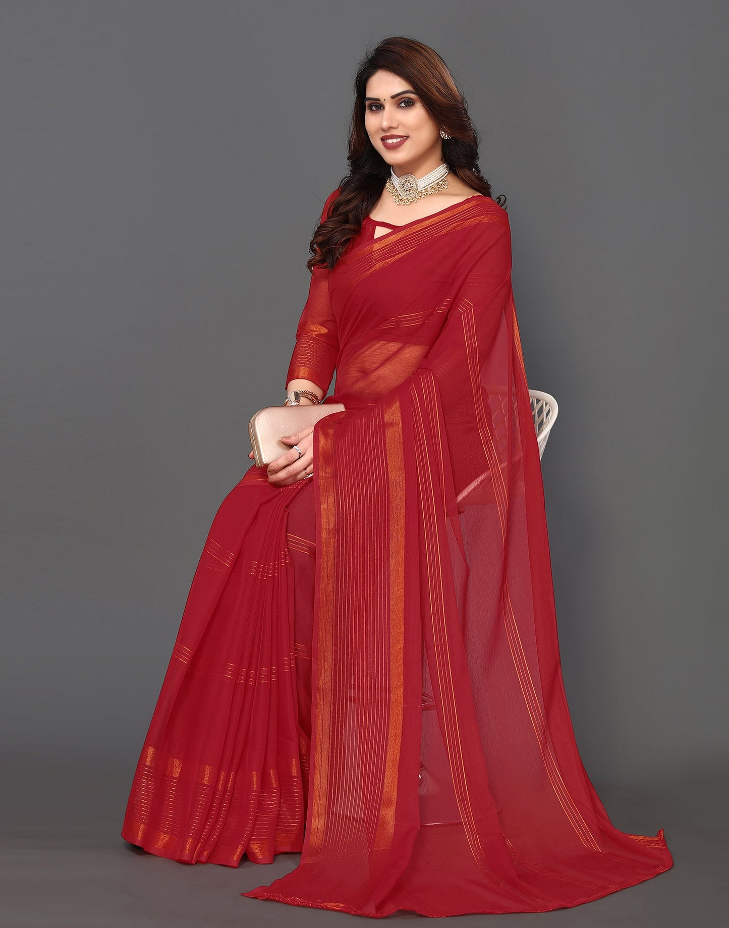 Red Chiffon Plain Saree