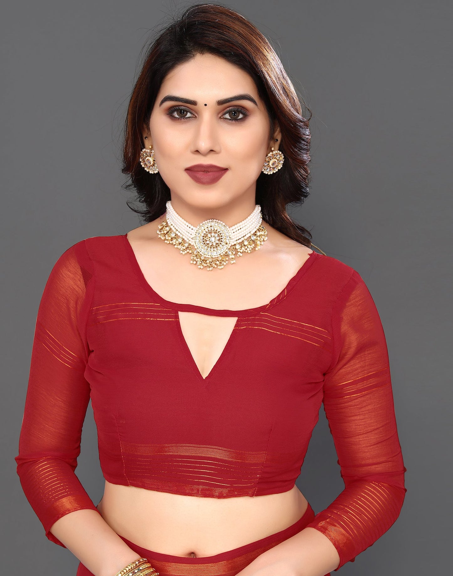 Red Chiffon Plain Saree