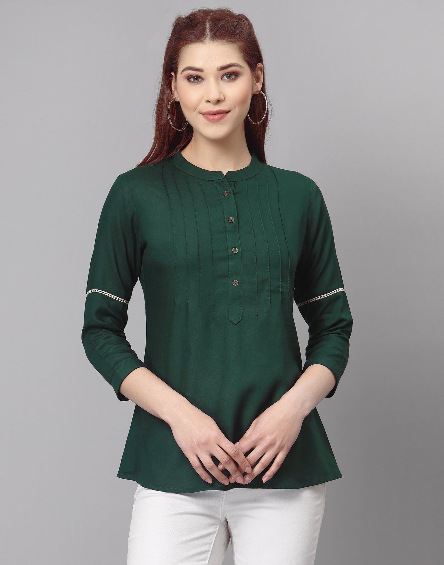 Bottle Green Pleated Tops | Sudathi