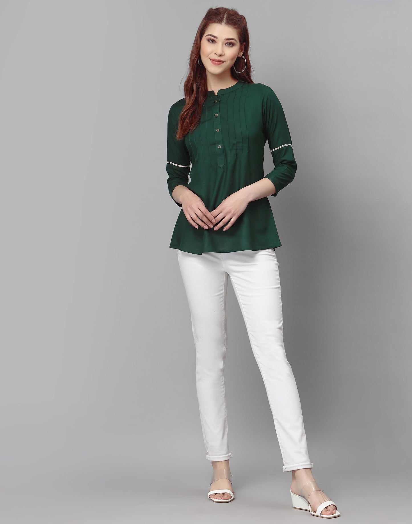 Bottle Green Pleated Tops | Sudathi