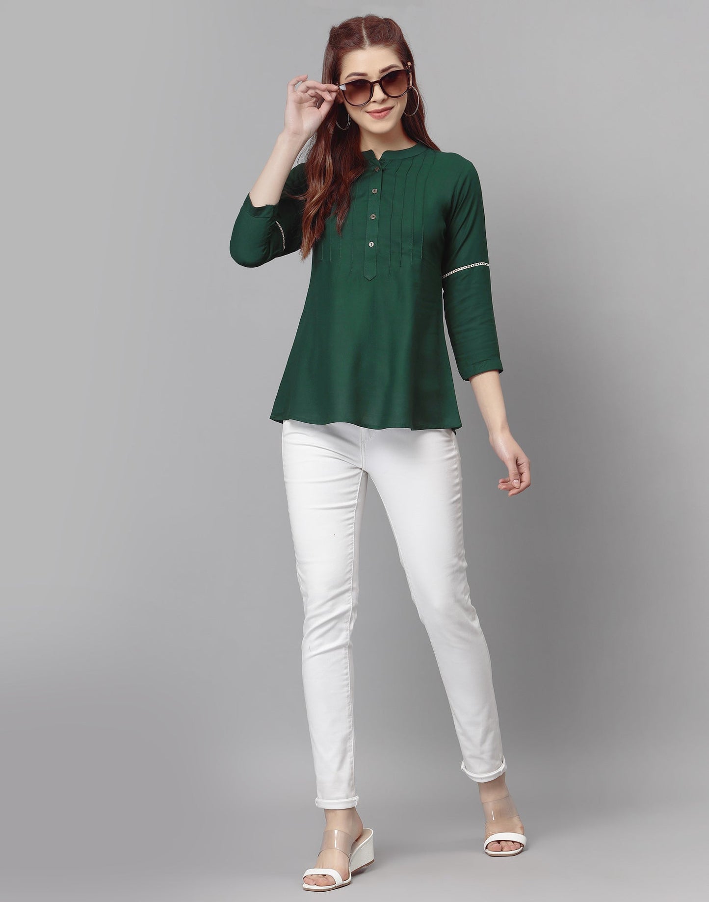 Bottle Green Pleated Tops | Sudathi